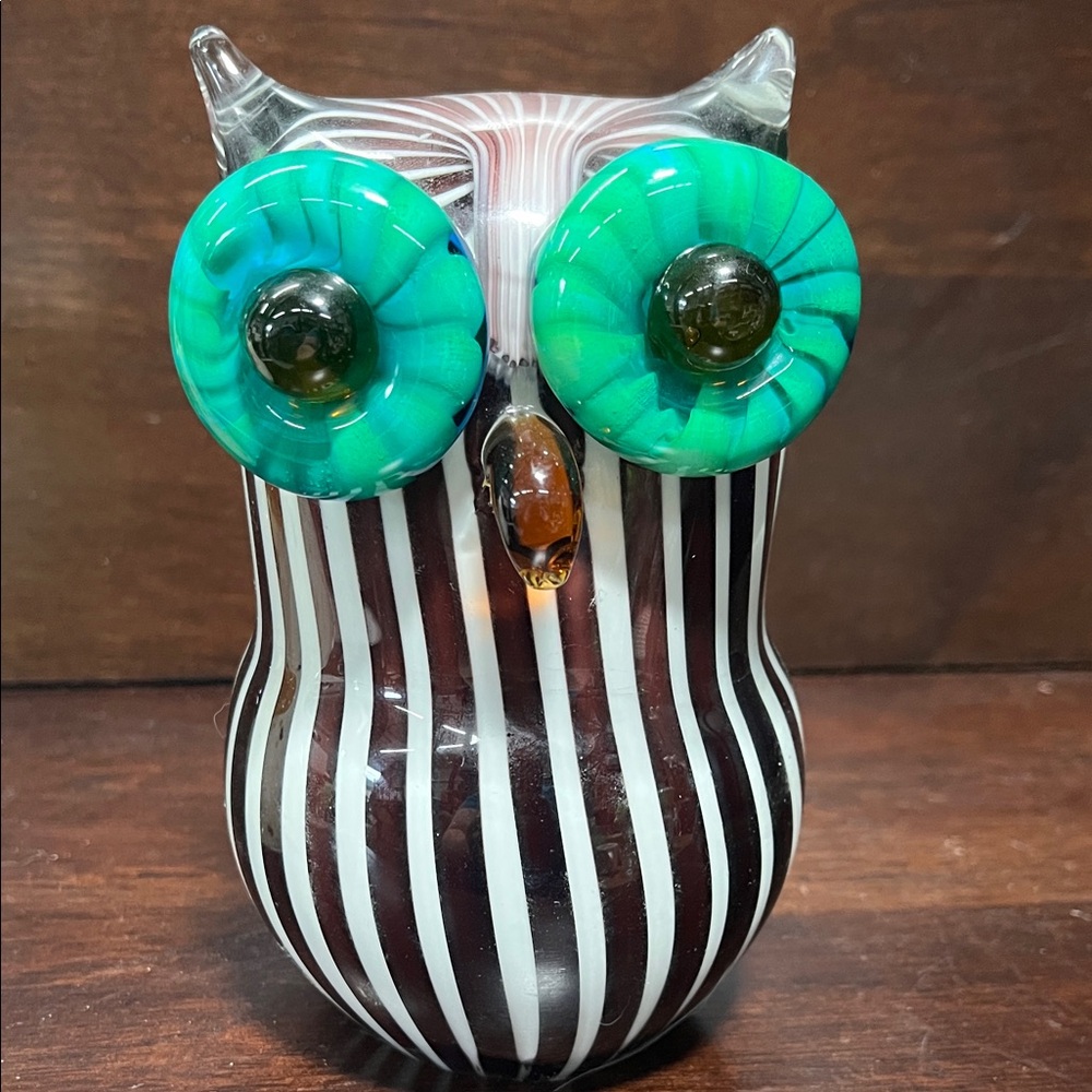 Vintage Handblown GlassStriped Glass Owl Figurine with Green Eyes 5 1/4”